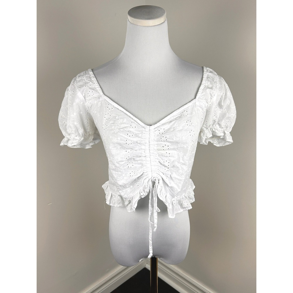 Ambiance Eyelet Crop Top Womens L White Cottagecore Puff Sleeve